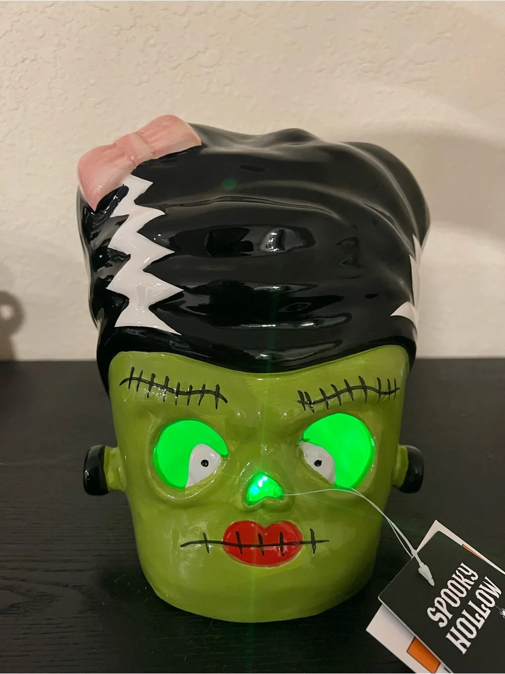 NEW 8” Spooky Hollow Ceramic Light Up Bride of Frankenstein Head Decor